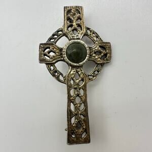 Irish sterling silver green Connemara marble gold plated Celtic cross brooch